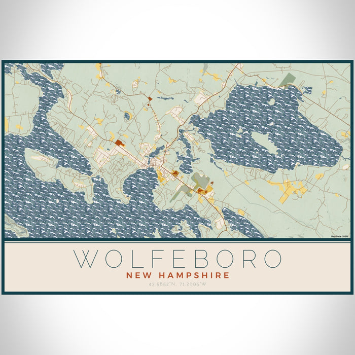 Wolfeboro New Hampshire Map Print Landscape Orientation in Woodblock Style With Shaded Background