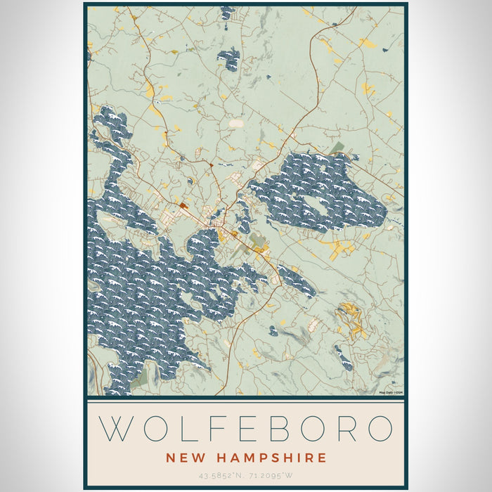 Wolfeboro New Hampshire Map Print Portrait Orientation in Woodblock Style With Shaded Background