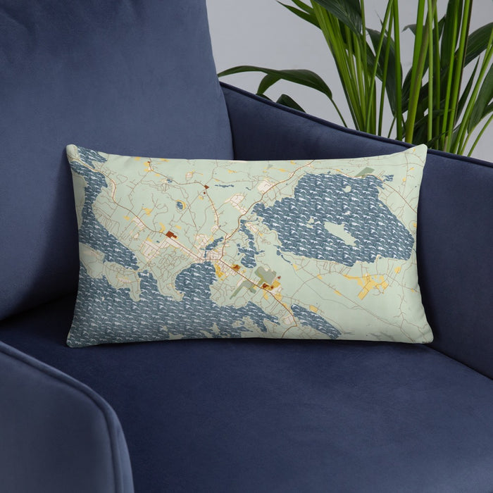Custom Wolfeboro New Hampshire Map Throw Pillow in Woodblock on Blue Colored Chair