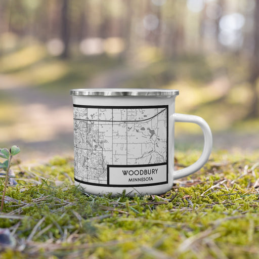 Right View Custom Woodbury Minnesota Map Enamel Mug in Classic on Grass With Trees in Background