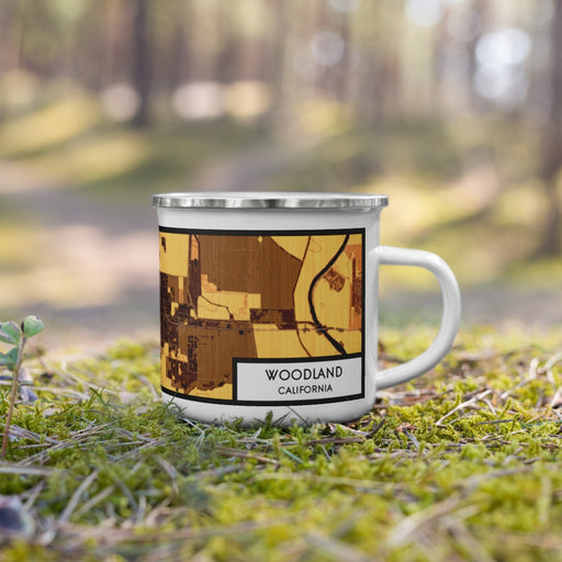 Right View Custom Woodland California Map Enamel Mug in Ember on Grass With Trees in Background