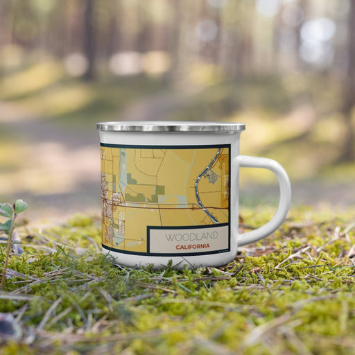 Right View Custom Woodland California Map Enamel Mug in Woodblock on Grass With Trees in Background
