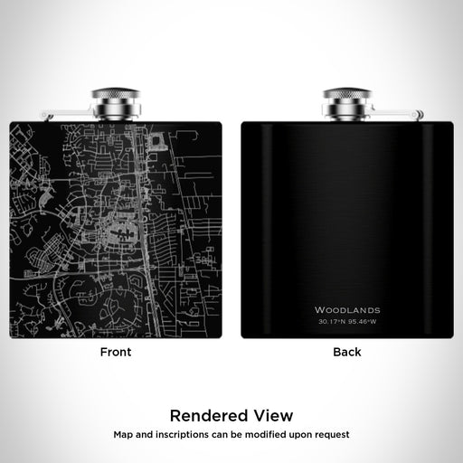 Rendered View of Woodlands Texas Map Engraving on 6oz Stainless Steel Flask in Black