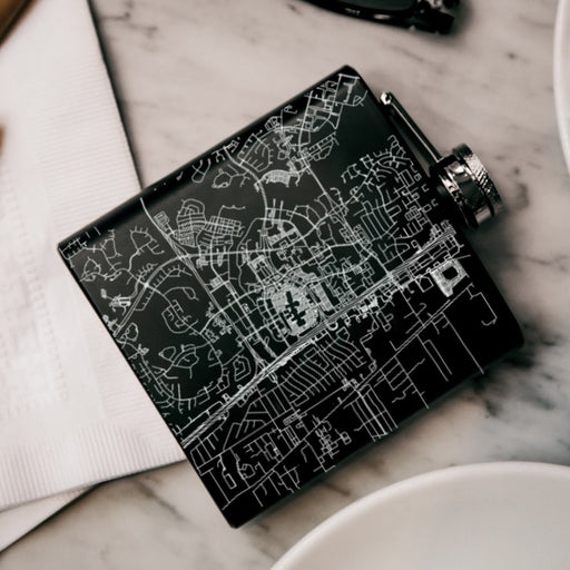 Woodlands Texas Custom Engraved City Map Inscription Coordinates on 6oz Stainless Steel Flask in Black