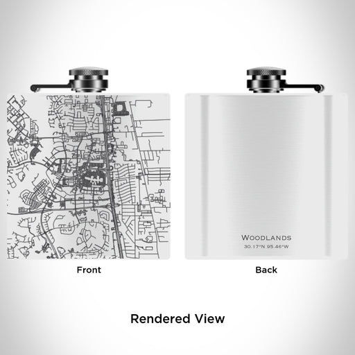 Rendered View of Woodlands Texas Map Engraving on 6oz Stainless Steel Flask in White