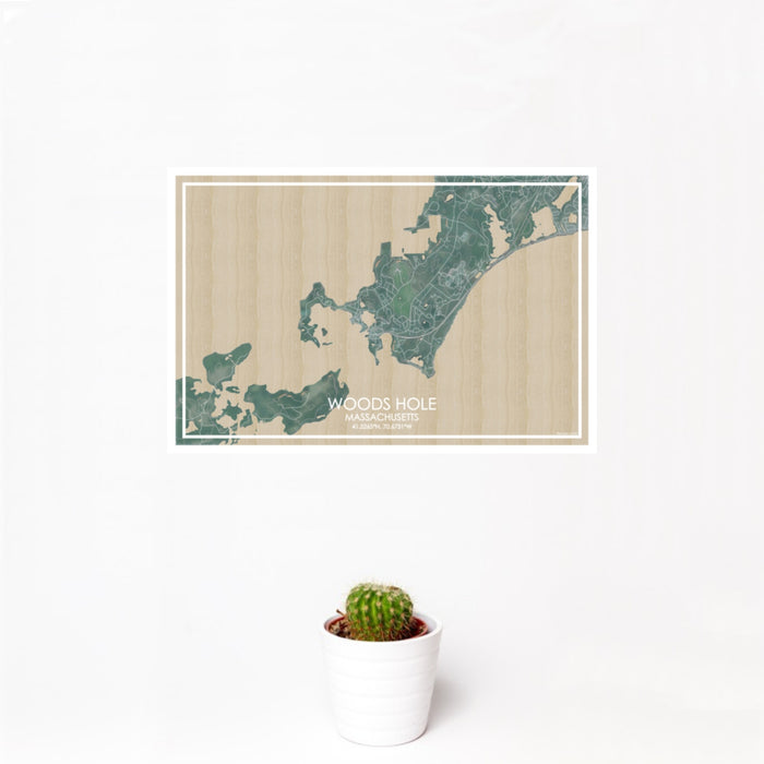 12x18 Woods Hole Massachusetts Map Print Landscape Orientation in Afternoon Style With Small Cactus Plant in White Planter