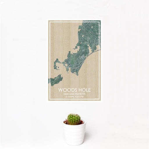 12x18 Woods Hole Massachusetts Map Print Portrait Orientation in Afternoon Style With Small Cactus Plant in White Planter