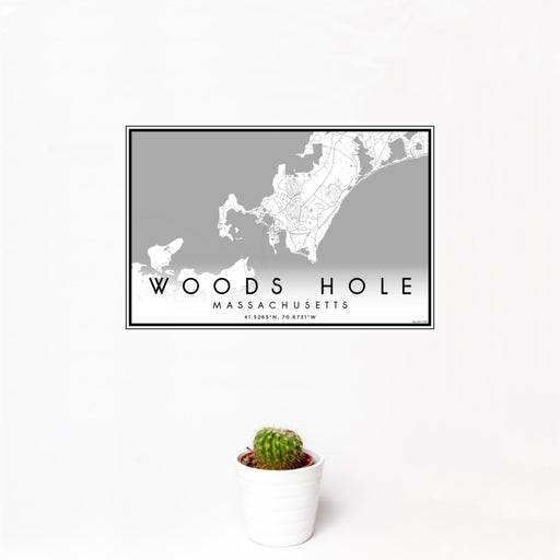12x18 Woods Hole Massachusetts Map Print Landscape Orientation in Classic Style With Small Cactus Plant in White Planter