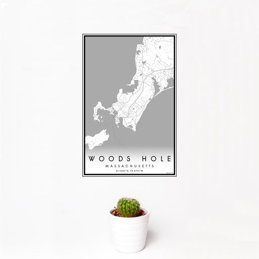 12x18 Woods Hole Massachusetts Map Print Portrait Orientation in Classic Style With Small Cactus Plant in White Planter