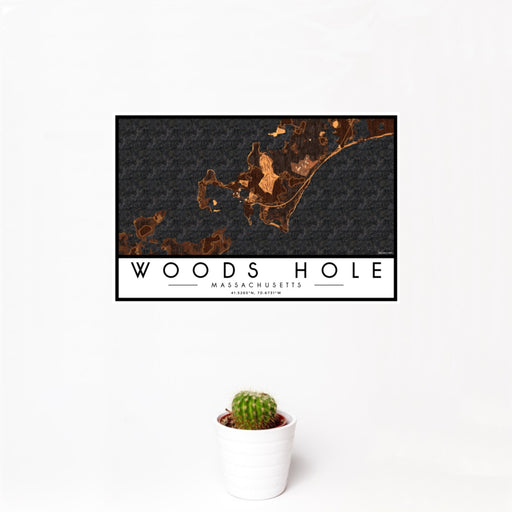 12x18 Woods Hole Massachusetts Map Print Landscape Orientation in Ember Style With Small Cactus Plant in White Planter
