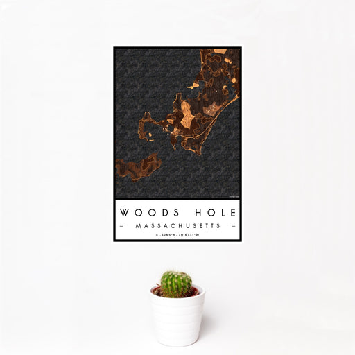 12x18 Woods Hole Massachusetts Map Print Portrait Orientation in Ember Style With Small Cactus Plant in White Planter