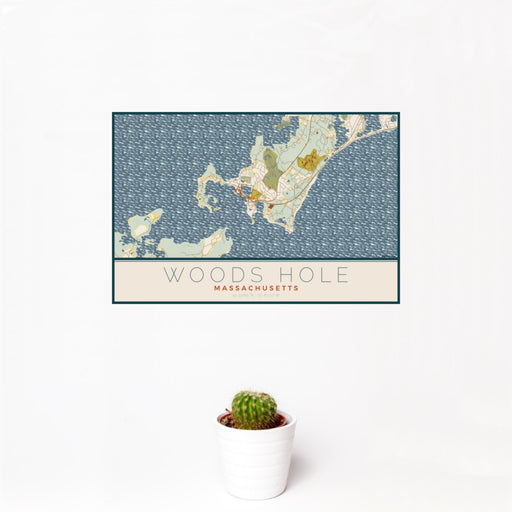 12x18 Woods Hole Massachusetts Map Print Landscape Orientation in Woodblock Style With Small Cactus Plant in White Planter