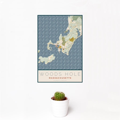 12x18 Woods Hole Massachusetts Map Print Portrait Orientation in Woodblock Style With Small Cactus Plant in White Planter