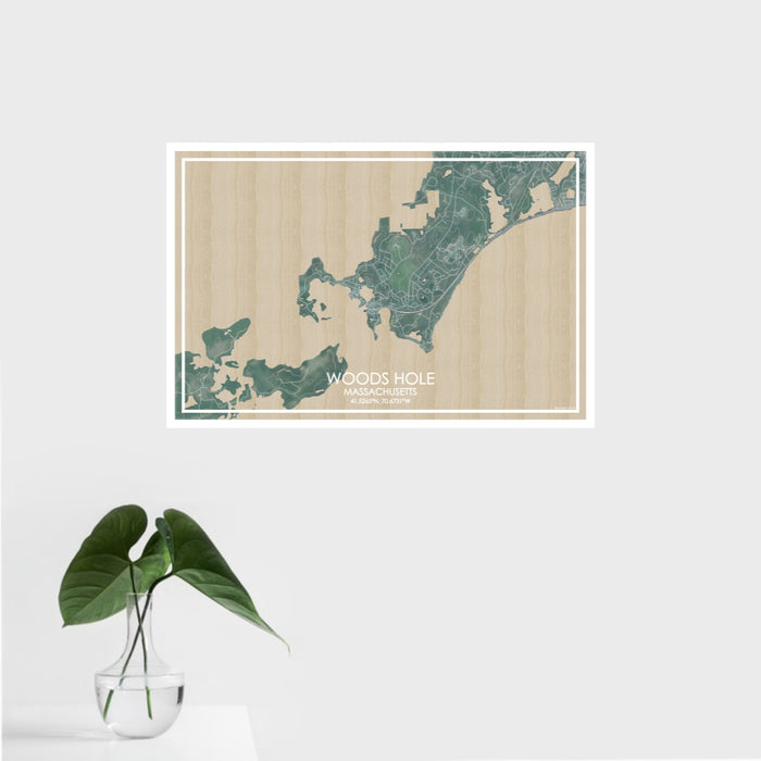 16x24 Woods Hole Massachusetts Map Print Landscape Orientation in Afternoon Style With Tropical Plant Leaves in Water