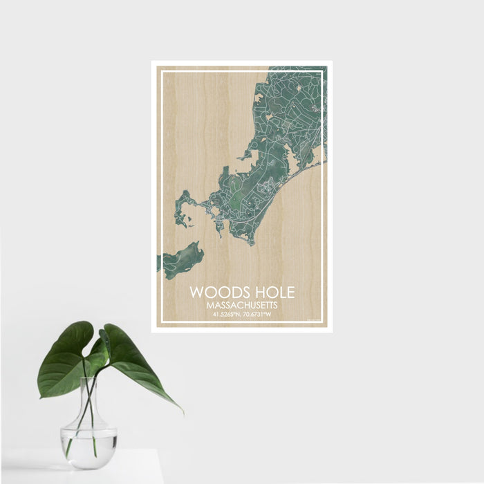 16x24 Woods Hole Massachusetts Map Print Portrait Orientation in Afternoon Style With Tropical Plant Leaves in Water