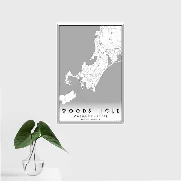 16x24 Woods Hole Massachusetts Map Print Portrait Orientation in Classic Style With Tropical Plant Leaves in Water