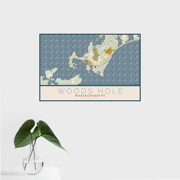 16x24 Woods Hole Massachusetts Map Print Landscape Orientation in Woodblock Style With Tropical Plant Leaves in Water