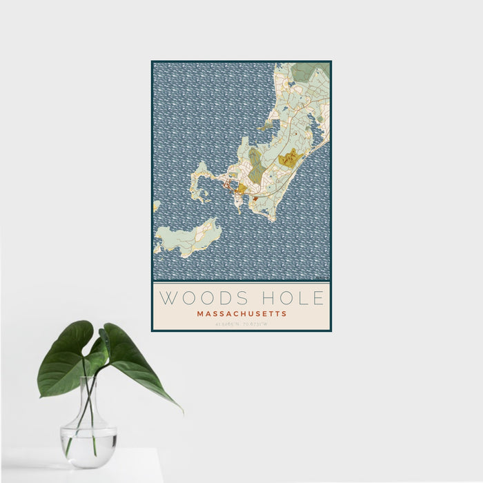 16x24 Woods Hole Massachusetts Map Print Portrait Orientation in Woodblock Style With Tropical Plant Leaves in Water