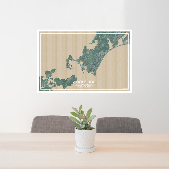 24x36 Woods Hole Massachusetts Map Print Lanscape Orientation in Afternoon Style Behind 2 Chairs Table and Potted Plant