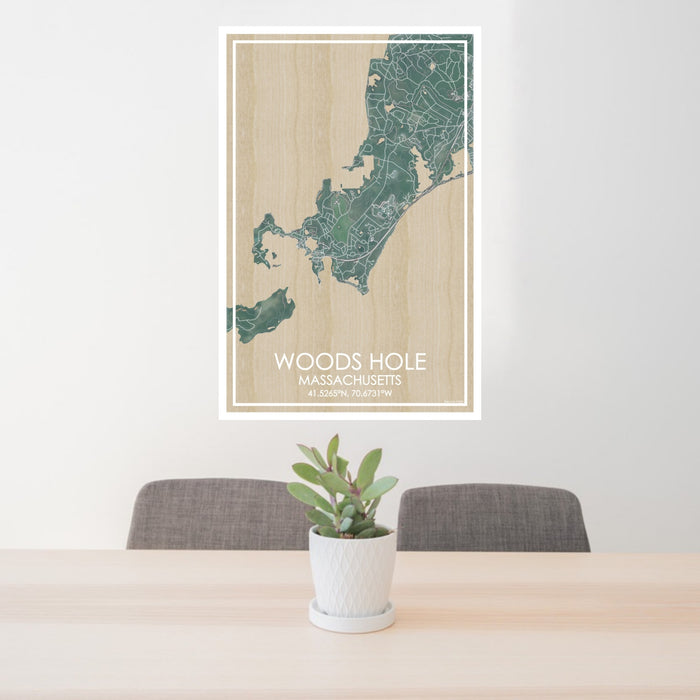 24x36 Woods Hole Massachusetts Map Print Portrait Orientation in Afternoon Style Behind 2 Chairs Table and Potted Plant