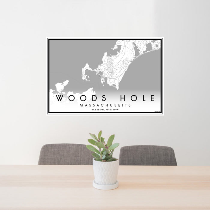 24x36 Woods Hole Massachusetts Map Print Lanscape Orientation in Classic Style Behind 2 Chairs Table and Potted Plant