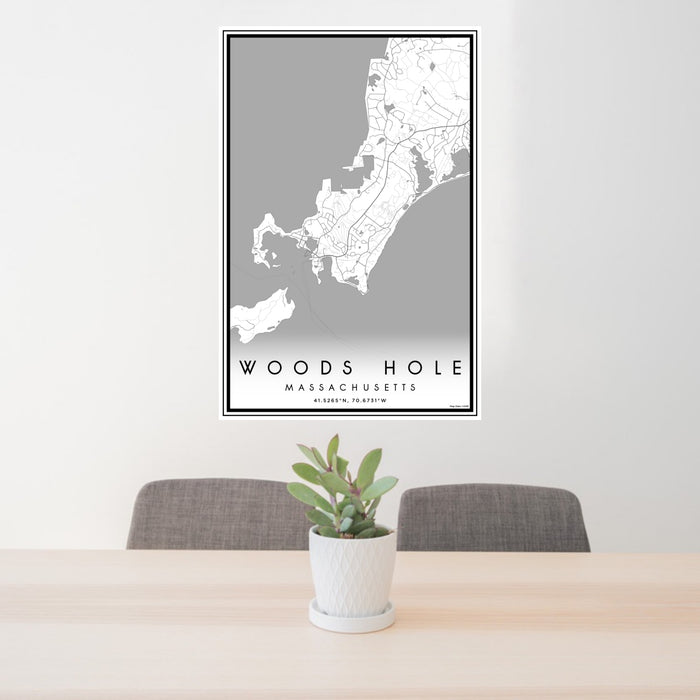 24x36 Woods Hole Massachusetts Map Print Portrait Orientation in Classic Style Behind 2 Chairs Table and Potted Plant