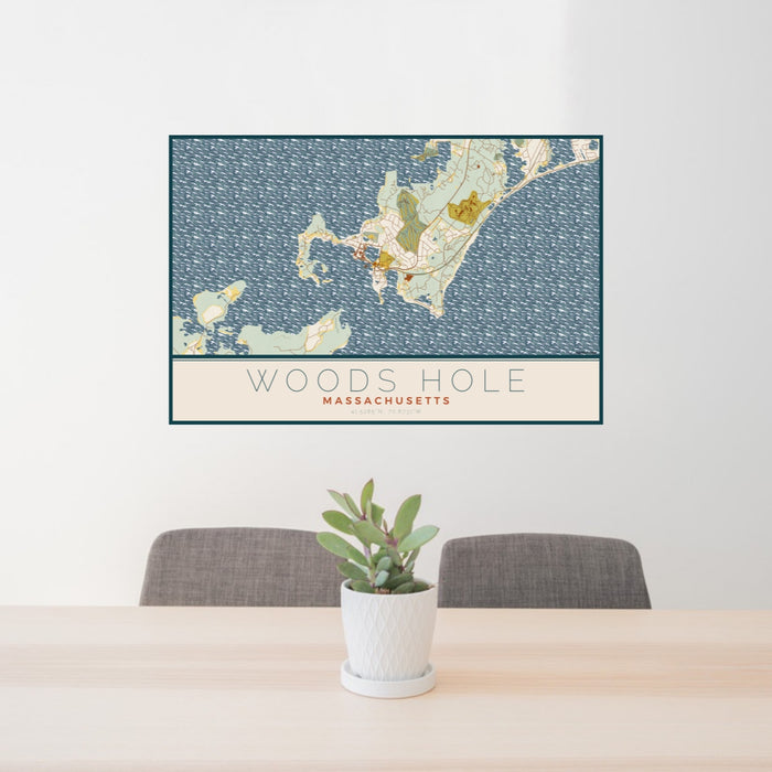 24x36 Woods Hole Massachusetts Map Print Lanscape Orientation in Woodblock Style Behind 2 Chairs Table and Potted Plant