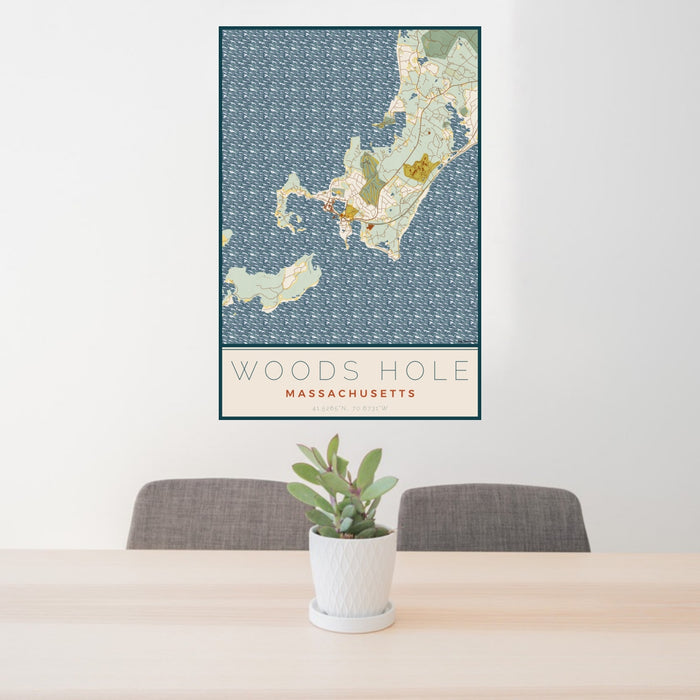 24x36 Woods Hole Massachusetts Map Print Portrait Orientation in Woodblock Style Behind 2 Chairs Table and Potted Plant