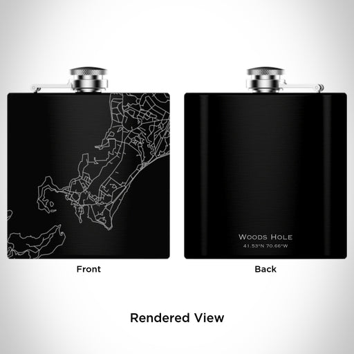 Rendered View of Woods Hole Massachusetts Map Engraving on 6oz Stainless Steel Flask in Black