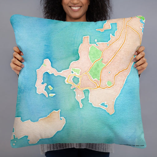 Person holding 22x22 Custom Woods Hole Massachusetts Map Throw Pillow in Watercolor