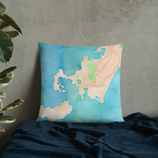 Custom Woods Hole Massachusetts Map Throw Pillow in Watercolor on Bedding Against Wall