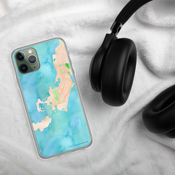 Custom Woods Hole Massachusetts Map Phone Case in Watercolor on Table with Black Headphones