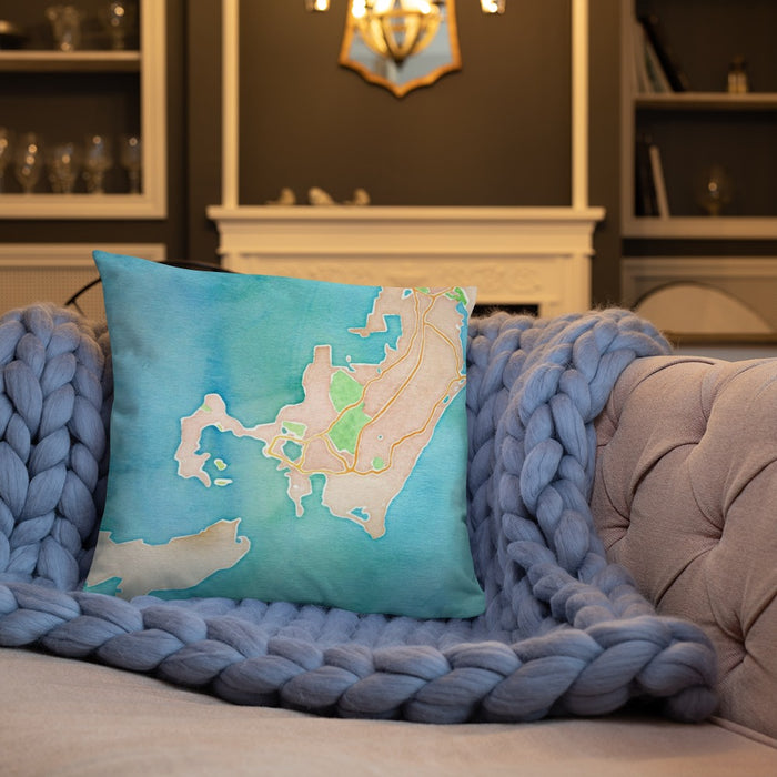 Custom Woods Hole Massachusetts Map Throw Pillow in Watercolor on Cream Colored Couch