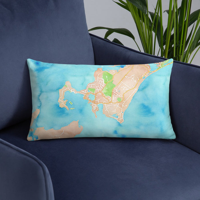Custom Woods Hole Massachusetts Map Throw Pillow in Watercolor on Blue Colored Chair