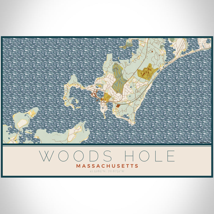 Woods Hole Massachusetts Map Print Landscape Orientation in Woodblock Style With Shaded Background
