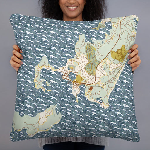 Person holding 22x22 Custom Woods Hole Massachusetts Map Throw Pillow in Woodblock