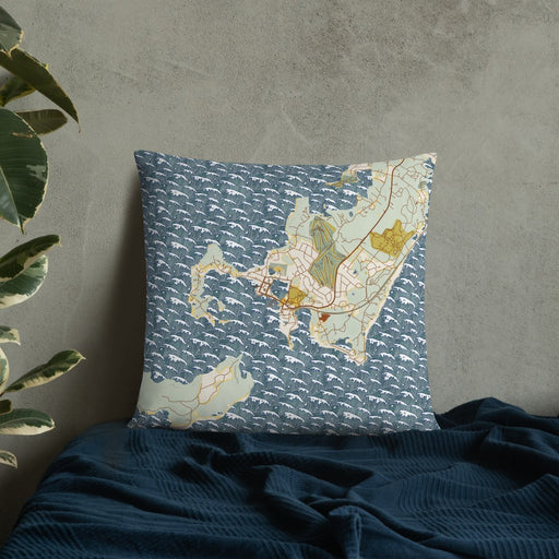 Custom Woods Hole Massachusetts Map Throw Pillow in Woodblock on Bedding Against Wall