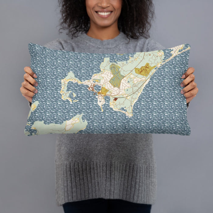 Person holding 20x12 Custom Woods Hole Massachusetts Map Throw Pillow in Woodblock
