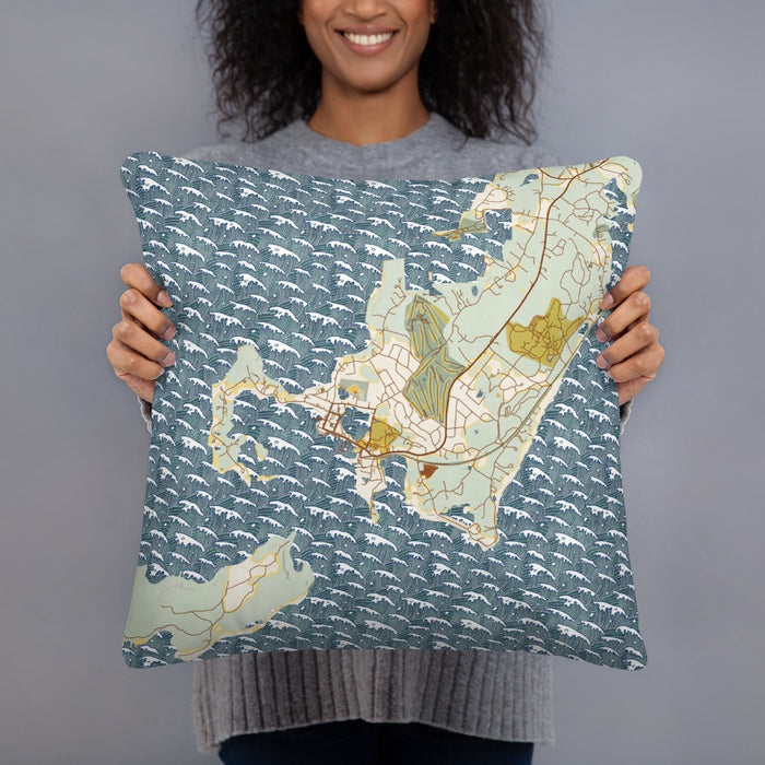 Person holding 18x18 Custom Woods Hole Massachusetts Map Throw Pillow in Woodblock