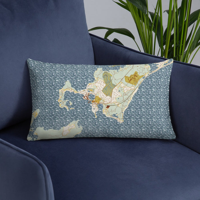 Custom Woods Hole Massachusetts Map Throw Pillow in Woodblock on Blue Colored Chair