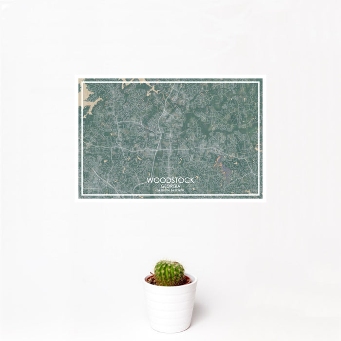 12x18 Woodstock Georgia Map Print Landscape Orientation in Afternoon Style With Small Cactus Plant in White Planter
