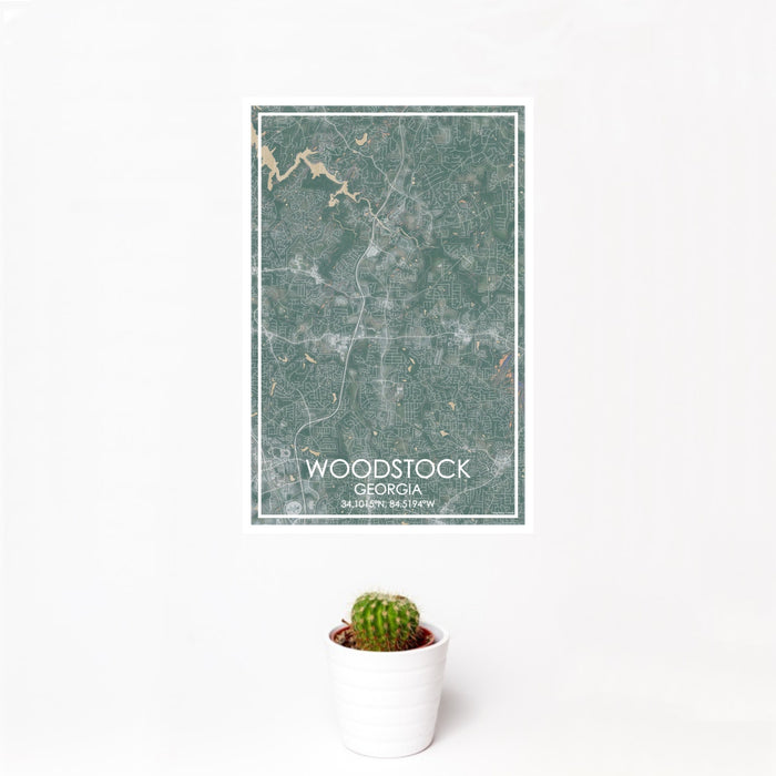 12x18 Woodstock Georgia Map Print Portrait Orientation in Afternoon Style With Small Cactus Plant in White Planter