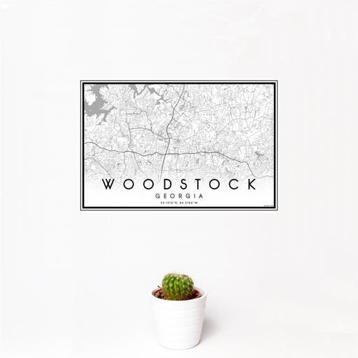 12x18 Woodstock Georgia Map Print Landscape Orientation in Classic Style With Small Cactus Plant in White Planter