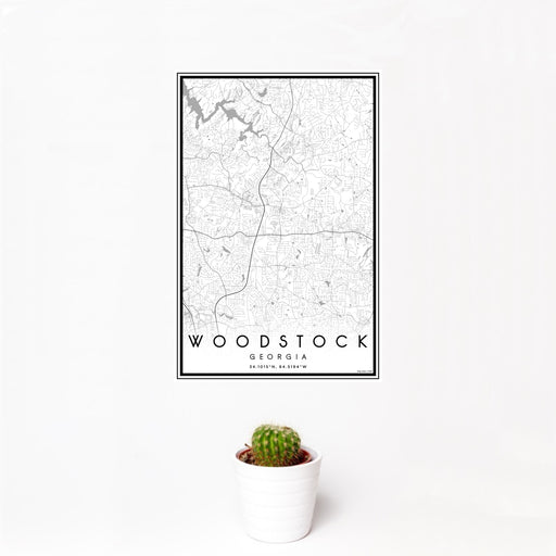 12x18 Woodstock Georgia Map Print Portrait Orientation in Classic Style With Small Cactus Plant in White Planter
