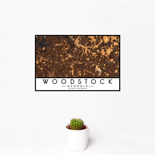 12x18 Woodstock Georgia Map Print Landscape Orientation in Ember Style With Small Cactus Plant in White Planter