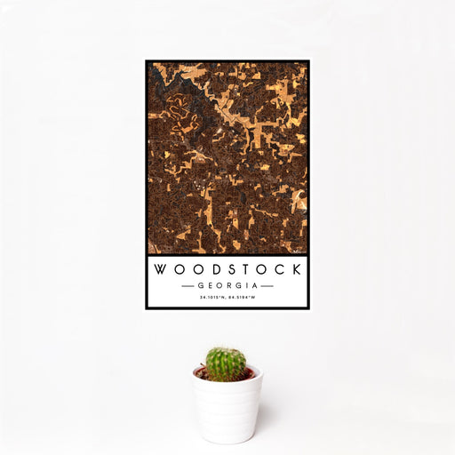 12x18 Woodstock Georgia Map Print Portrait Orientation in Ember Style With Small Cactus Plant in White Planter