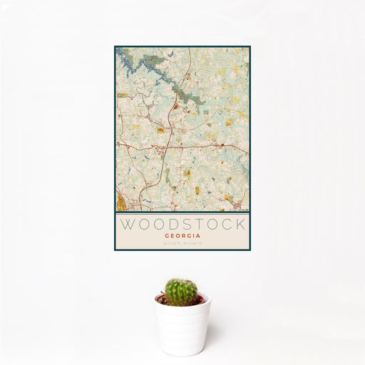 12x18 Woodstock Georgia Map Print Portrait Orientation in Woodblock Style With Small Cactus Plant in White Planter