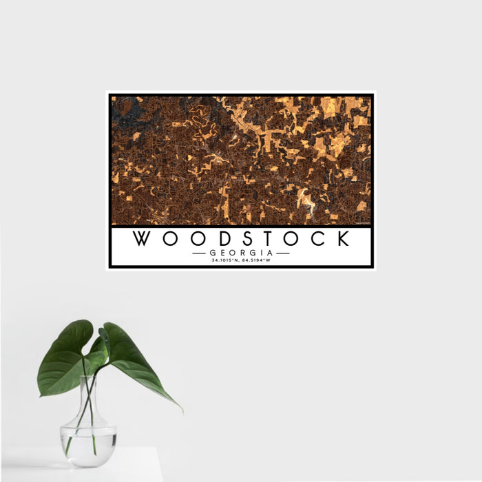 16x24 Woodstock Georgia Map Print Landscape Orientation in Ember Style With Tropical Plant Leaves in Water