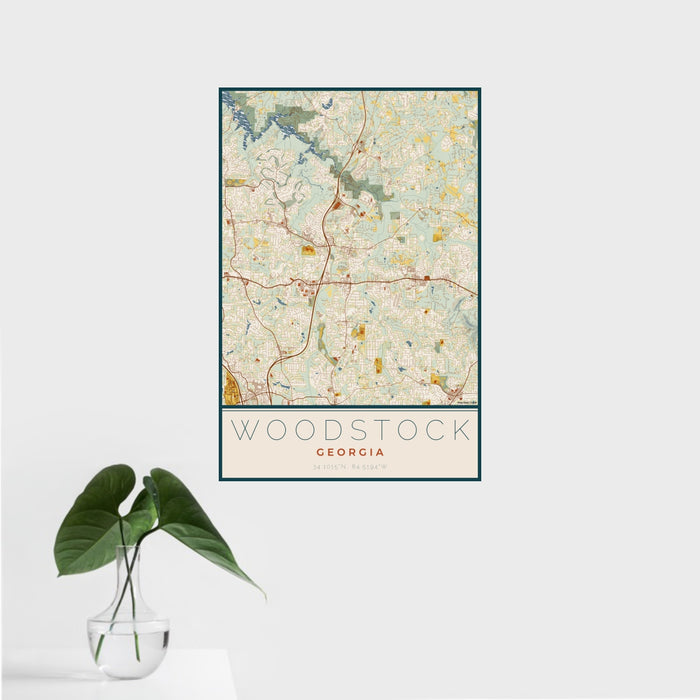 16x24 Woodstock Georgia Map Print Portrait Orientation in Woodblock Style With Tropical Plant Leaves in Water