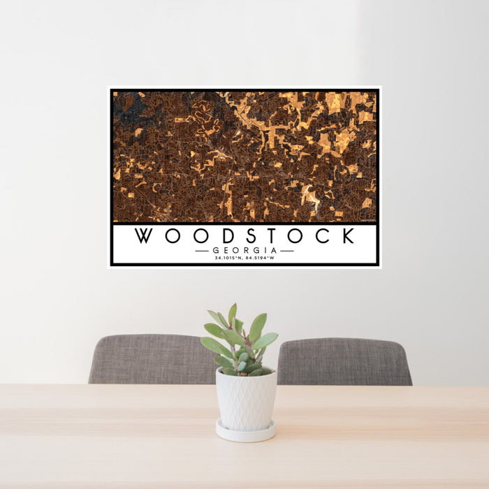 24x36 Woodstock Georgia Map Print Lanscape Orientation in Ember Style Behind 2 Chairs Table and Potted Plant